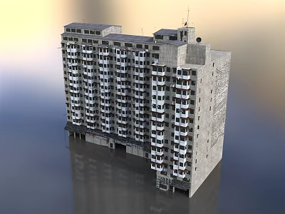 Multi Story Residential Building With Multiple Balconies Gray Concrete Exterior Windows And Roof Equipment 3d model
