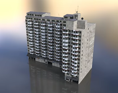 Multi Story Residential Building With Multiple Balconies Gray Concrete Exterior Windows And Roof Equipment 3d model