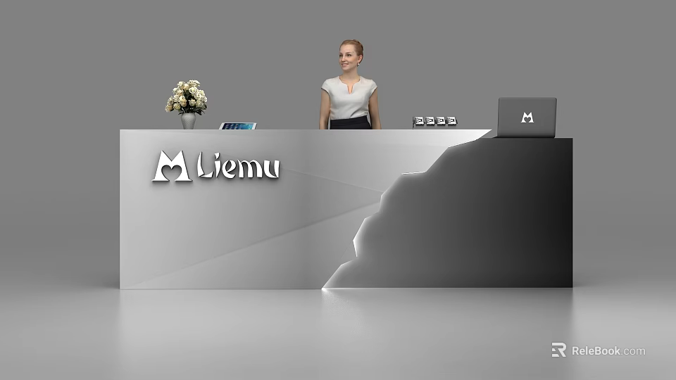Modern Reception Desk With Liemu Logo Flower Vase Laptop And Receptionist 3d model 