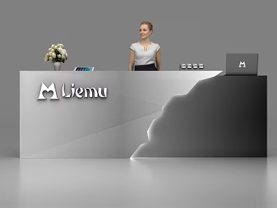 Modern Reception Desk With Liemu Logo Flower Vase Laptop And Receptionist 3d model