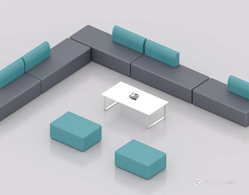 Modern L Shaped Grey Sofa With Light Blue Cushions And White Coffee Table Set 3d model
