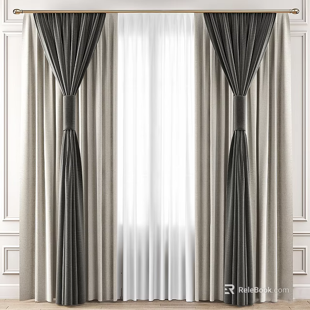 Elegant Black and Beige Curtains With Sheer White Liner and Tied Back Design 3d model 