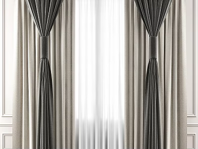 Elegant Black and Beige Curtains With Sheer White Liner and Tied Back Design 3d model
