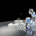 Modern Exhibition Display Setup With Hexagonal Panels And Device Model On Platform 3d model