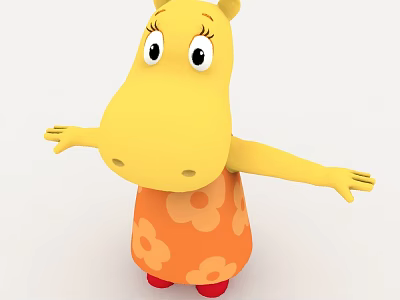 Yellow Cartoon Hippo in Orange Floral Dress with Red Shoes and Outstretched Arms 3d model