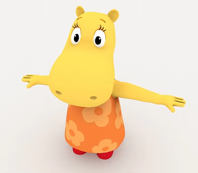 Yellow Cartoon Hippo in Orange Floral Dress with Red Shoes and Outstretched Arms 3d model