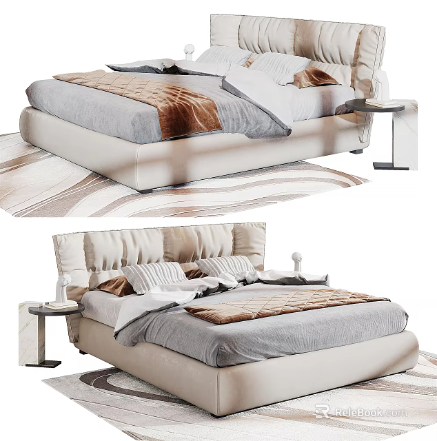 Modern Double Bed With Upholstered Headboard Soft Bedding And Nightstand 3d model