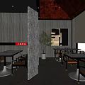 Modern Restaurant Interior With Red Bar Counter Wooden Chairs And Wine Racks