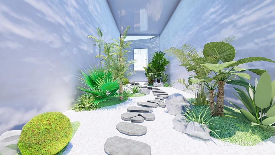 Garden Decor With Stone Stepping Path Palm Trees Green Plants And White Walls 3d model 