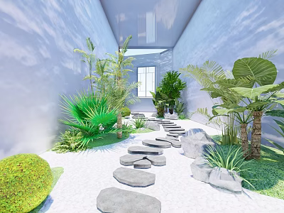 Garden Decor With Stone Stepping Path Palm Trees Green Plants And White Walls 3d model