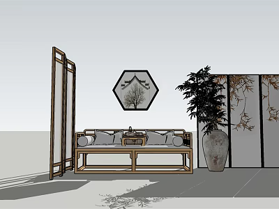 Traditional Chinese Arhat Bed with Cushions Wooden Screen Octagonal Painting and Potted Plant 3d model