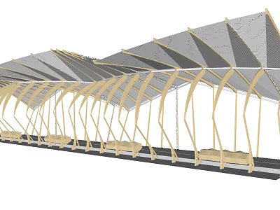 Modern Architectural Pergola With Curved Wooden Supports And Geometric Roof Design 3d model
