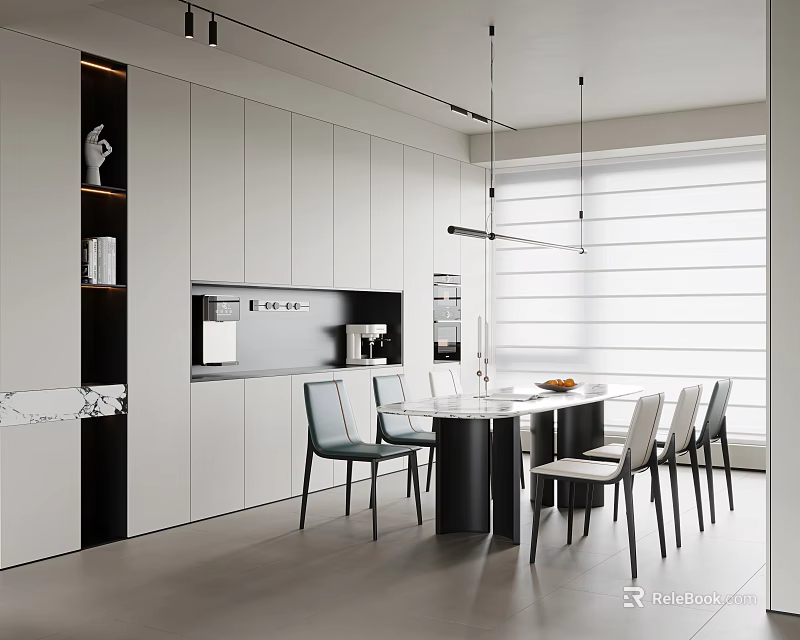 Modern Open Concept Restaurant Interior With White Cabinets Black Dining Table And Pendant Lights 3d model 