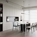 Modern Open Concept Restaurant Interior With White Cabinets Black Dining Table And Pendant Lights