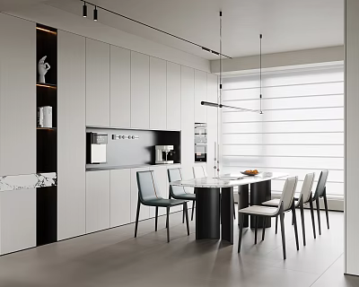 Modern Open Concept Restaurant Interior With White Cabinets Black Dining Table And Pendant Lights 3d model
