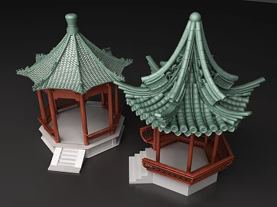 Traditional Chinese Pavilion 3D Models With Green Tiled Roofs Red Pillars And Steps 3d model