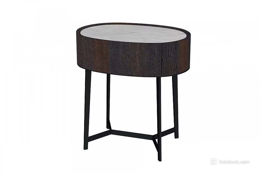 Modern Round Bedside Table With Wooden Body Light Colored Top And Black Metal Legs 3d model 