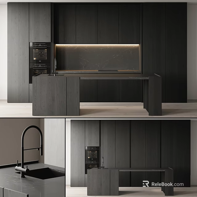 Modern Dark Wooden Kitchen Cabinets With Marble Countertop Built-in Oven Lighting 3d model 