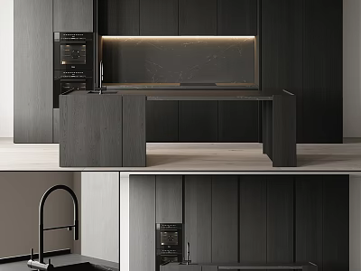 Modern Dark Wooden Kitchen Cabinets With Marble Countertop Built-in Oven Lighting 3d model