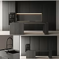 Modern Dark Wooden Kitchen Cabinets With Marble Countertop Built-in Oven Lighting