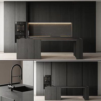 Modern Dark Wooden Kitchen Cabinets With Marble Countertop Built-in Oven Lighting 3d model