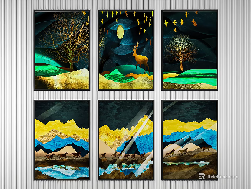 Modern Decorative Paintings Featuring Trees Moon Deer Mountains And Natural Elements 3d model