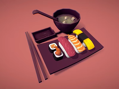 Traditional Assorted Sushi and Miso Soup with Chopsticks on Serving Plate 3d model