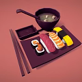 Traditional Assorted Sushi and Miso Soup with Chopsticks on Serving Plate