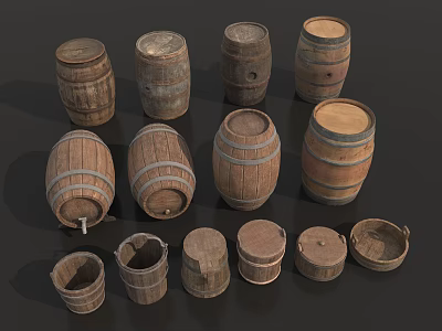 Various Sizes Wooden Barrels and Small Buckets for Home Storage Decor 3d model