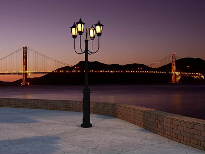 Illuminated Golden Gate Bridge at Twilight with Calm Water Street Lamp and Mountain Views 3d model
