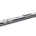 Modern High-Speed Train with Streamlined White Body Large Windows and Multiple Carriages on Railway Tracks