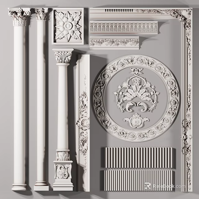 Ornate Classical Roman Columns With Detailed Carved Capitals Shafts And Decorative Relief Panels 3d model 
