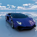Purple Lamborghini Sports Car Parked With Blue Sky White Clouds And Water Reflection