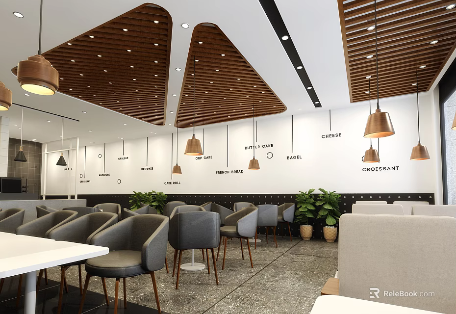Modern Dessert Shop Interior With Wooden Ceiling Hanging Lights Coffee Dessert Signs And Potted Plants 3d model 