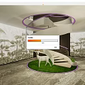 Indoor Landscape With Spiral Staircase Purple Rings Green Plant Lawn And Deer Sculpture