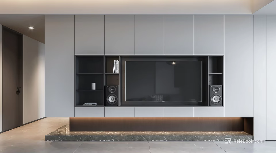 Modern Gray TV Wall Unit With Open Storage Shelves And Speaker Compartments 3d model 