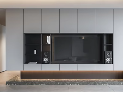 Modern Gray TV Wall Unit With Open Storage Shelves And Speaker Compartments 3d model