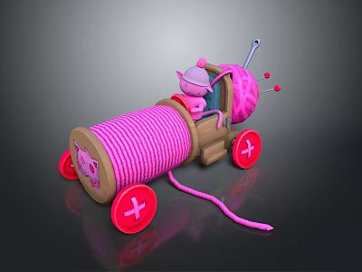 Playful Pink Yarn Spool Toy Car Design With Red Wheels And Cute Knit Character 3d model