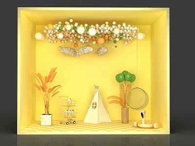 Yellow Background Decorative Display With Hanging Balls Plants Tent And Balloons 3d model