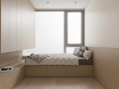 Minimalist Tatami Bedroom Featuring Light Wood Cabinets Large Window With Blinds And Storage Drawers 3d model