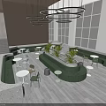 Modern Green Sofa Coffee Table Set With White Tables Plants And Large Windows 3d model