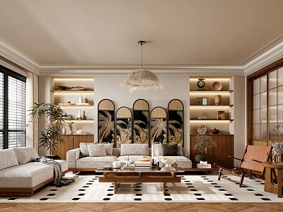 Modern Living Room Interior With Sofa Coffee Table Arched Decorative Panels Woven Chandelier And Plants 3d model
