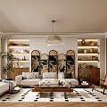 Modern Living Room Interior With Sofa Coffee Table Arched Decorative Panels Woven Chandelier And Plants