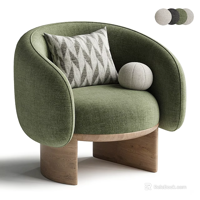 Green Upholstered Single Sofa With Geometric Pillow Round Ball Cushion And Wooden Legs Modern Design 3d model 