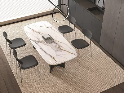 Modern Dining Table Set With Marble Top And Black Chairs In Kitchen 3d model
