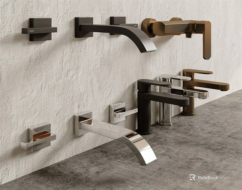 Modern Stylish Wall Mounted Faucets In Black Gold Silver On Rough Wall Gray Floor 3d model 