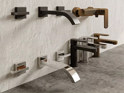 Modern Stylish Wall Mounted Faucets In Black Gold Silver On Rough Wall Gray Floor 3d model