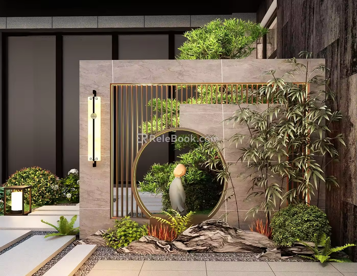 New Chinese style courtyard landscape wall grid modeling landscape wall landscape background fence 3d model