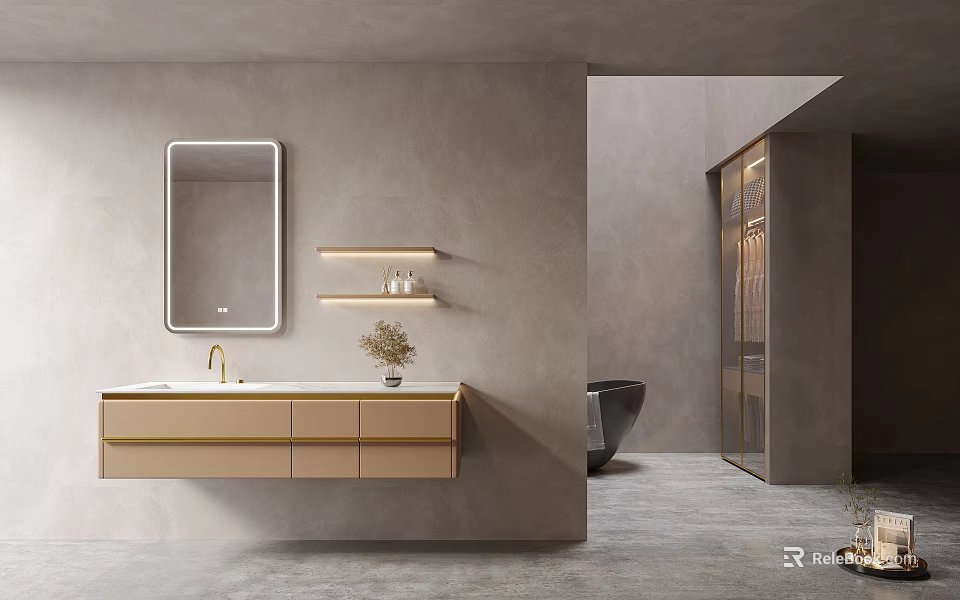 Modern Bathroom Vanity with Wall Mirror Floating Shelves and Light Cabinets 3d model
