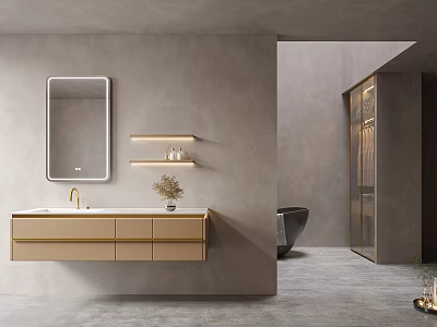 Modern Bathroom Vanity with Wall Mirror Floating Shelves and Light Cabinets 3d model